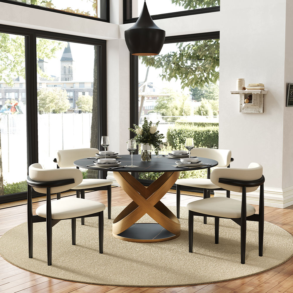 Partly Assemble Black & Bronze Sintered Stone Dining Tables