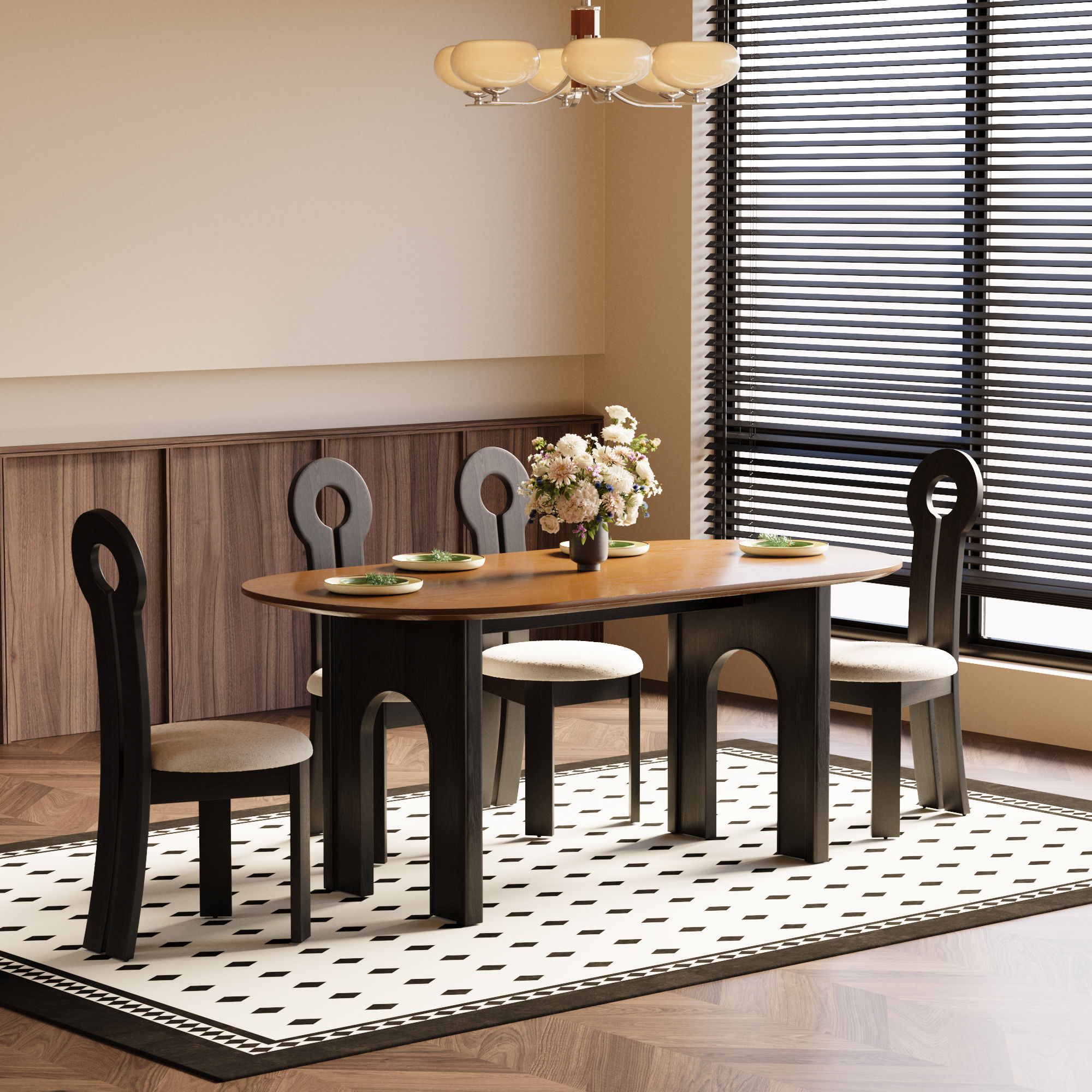 Mid Century Modern Walnut & Black MDF Dining Tables