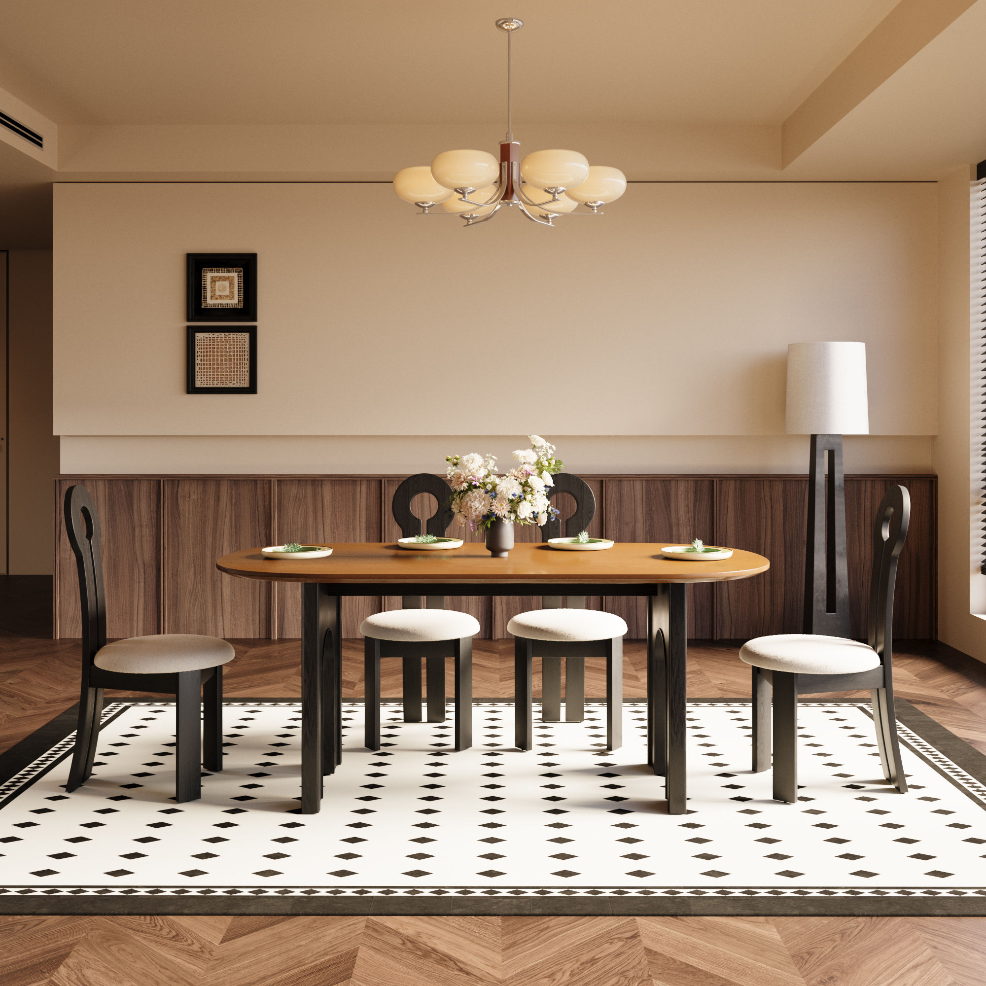 Mid Century Modern Walnut & Black MDF Dining Tables