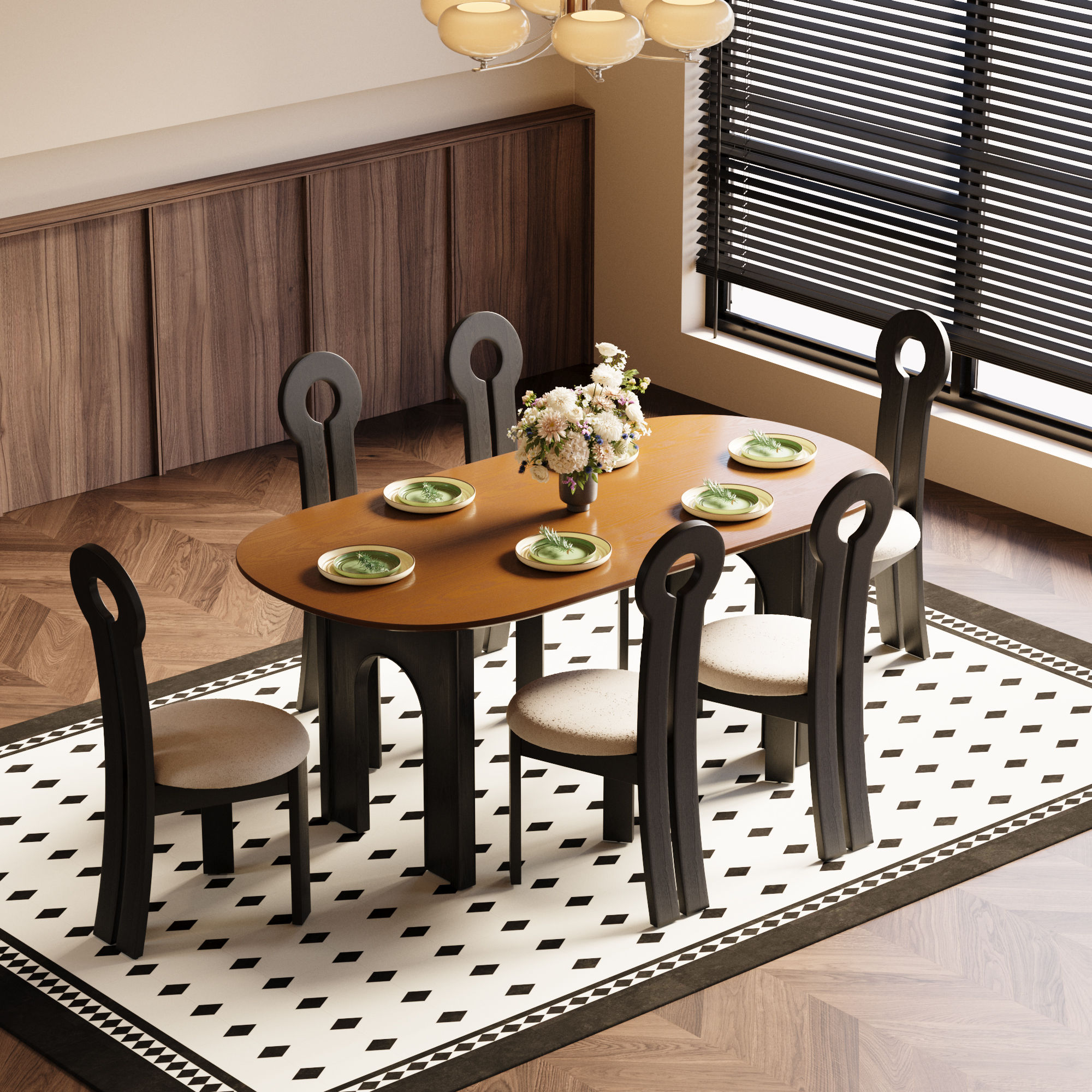 Mid Century Modern Walnut & Black MDF Dining Tables
