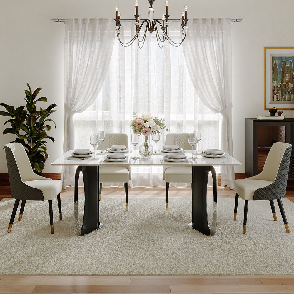 for 6 White Glossy Sintered Stone Dining Tables