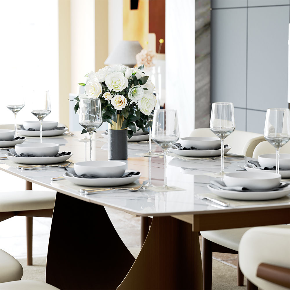 for 8 Glossy White Sintered Stone Dining Tables