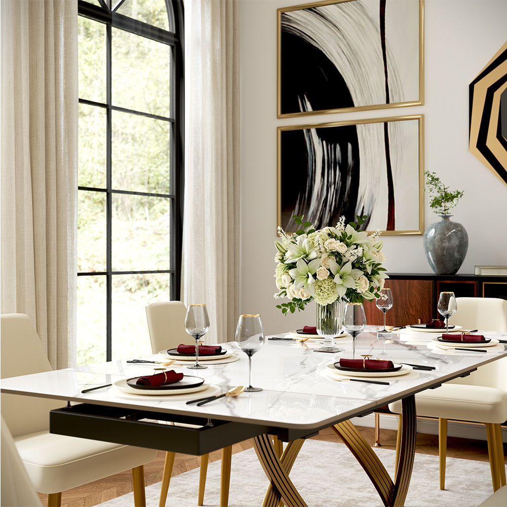 Extendable White Glossy Sintered Stone Dining Tables