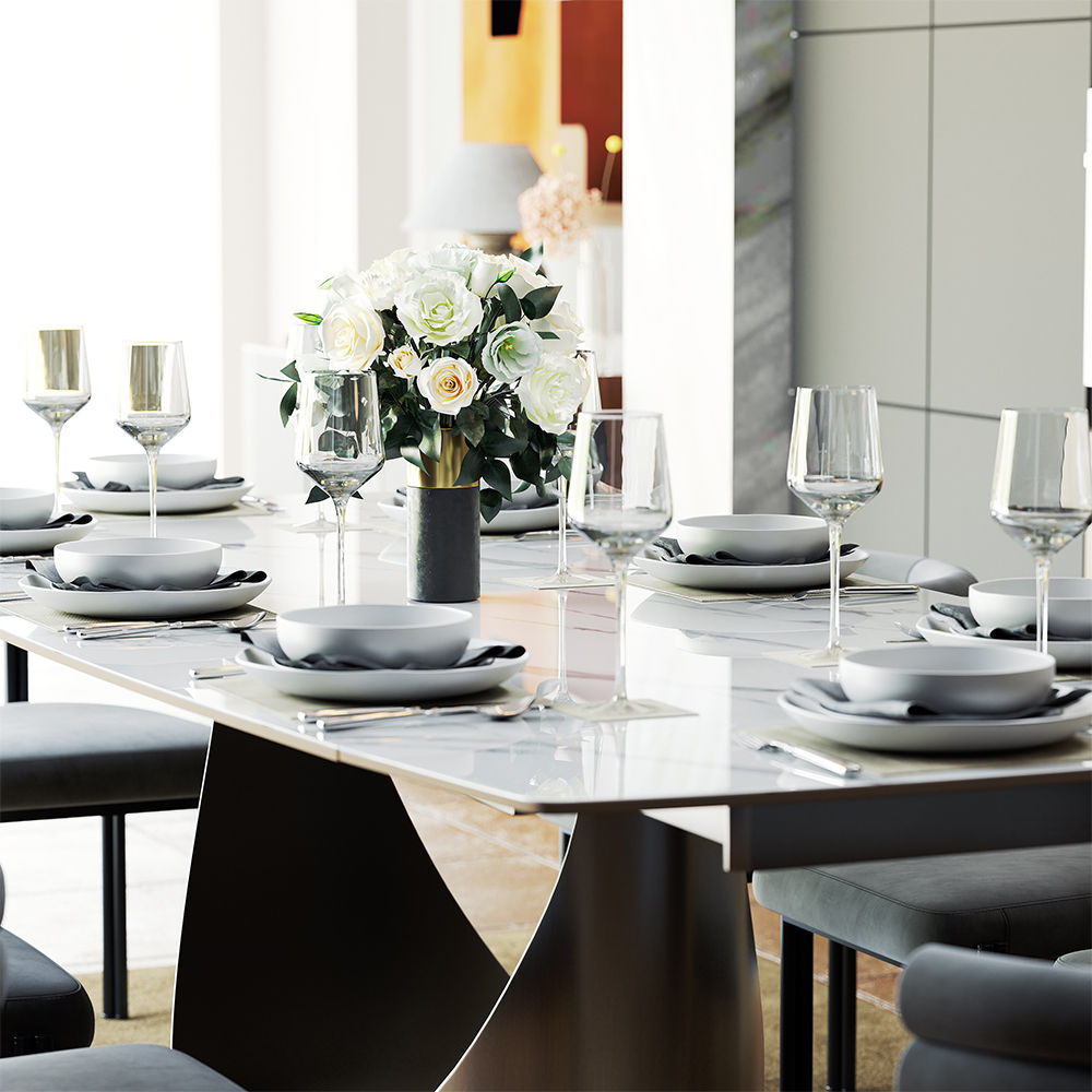 Modern Minimalist Glossy White Sintered Stone Dining Tables