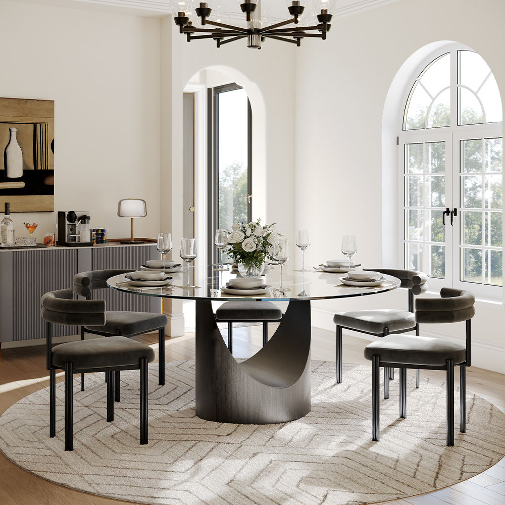 Modern Minimalist Clear & Gray Tempered Glass Dining Tables