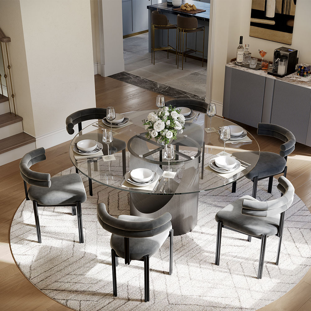 Modern Clear & Gray Tempered Glass Dining Tables