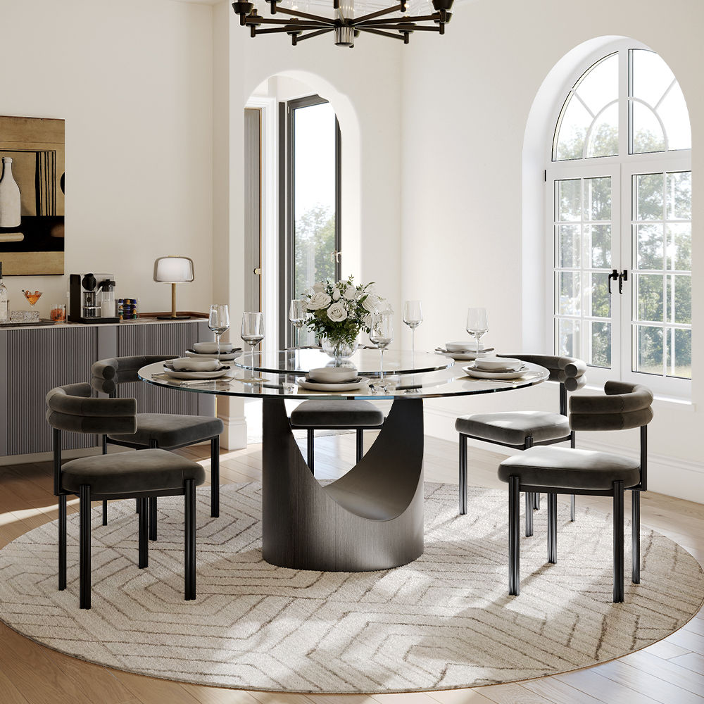 Metal Base Clear & Gray Tempered Glass Dining Tables