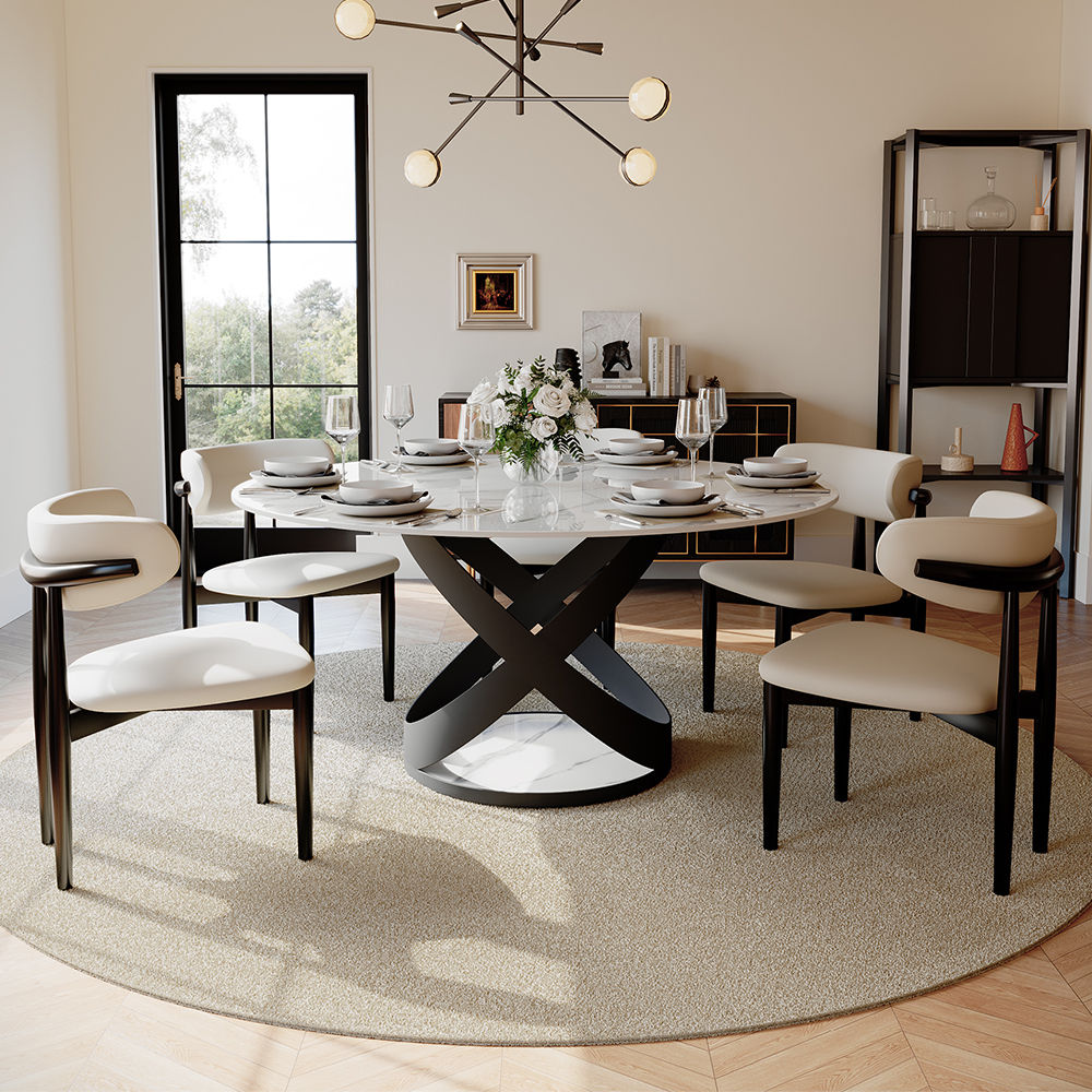 with Lazy Susan White & Black Glossy Sintered Stone Dining Tables