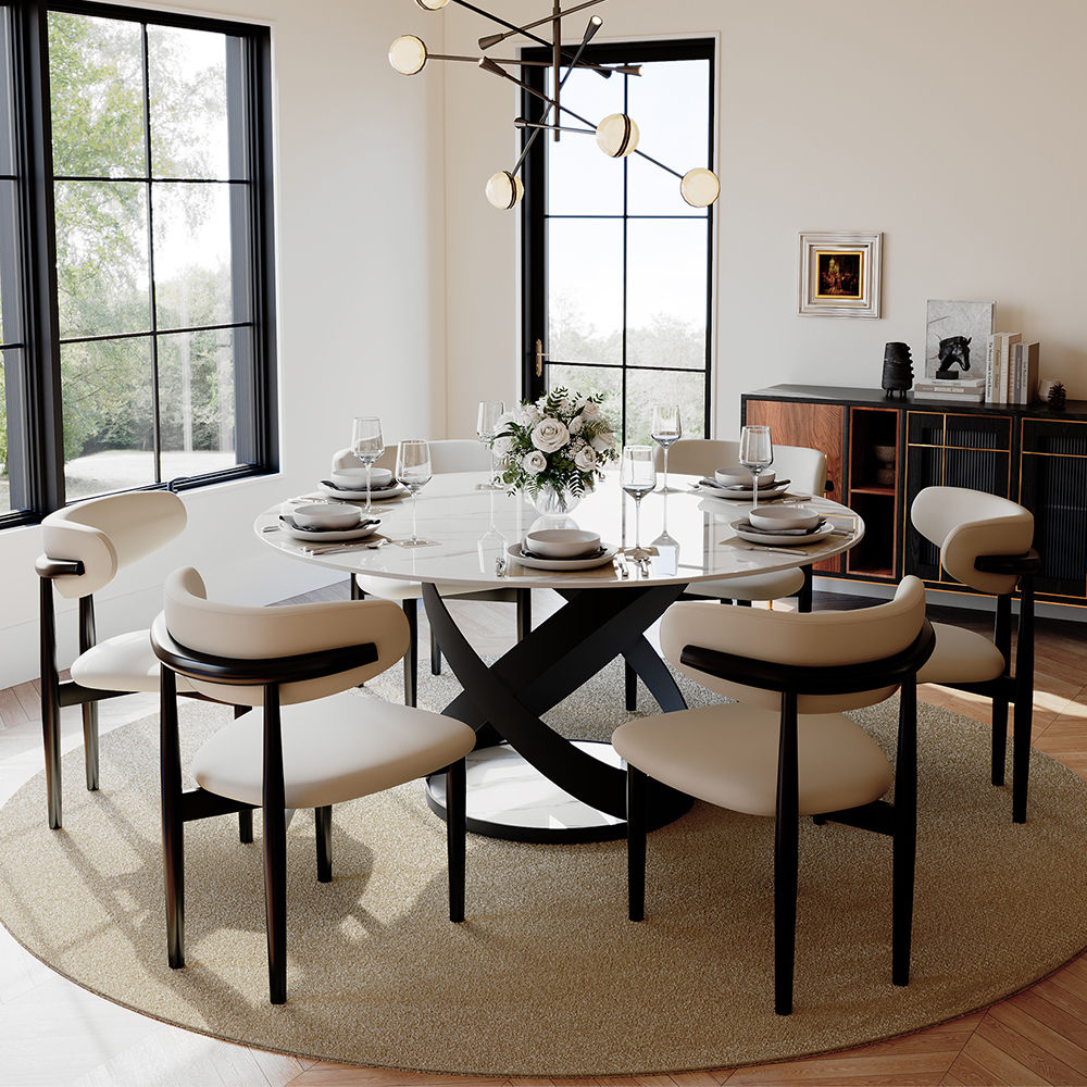 with Lazy Susan White & Black Glossy Sintered Stone Dining Tables