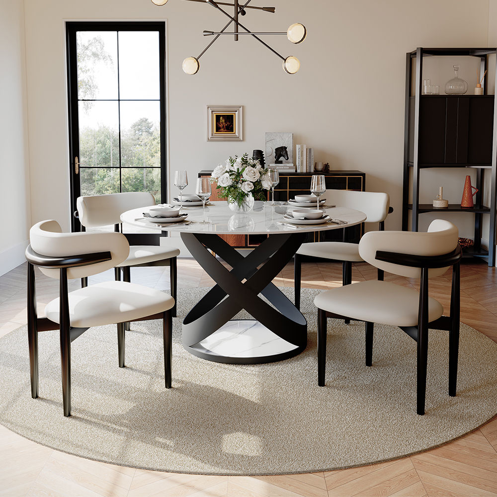 Round White & Black Glossy Sintered Stone Dining Tables