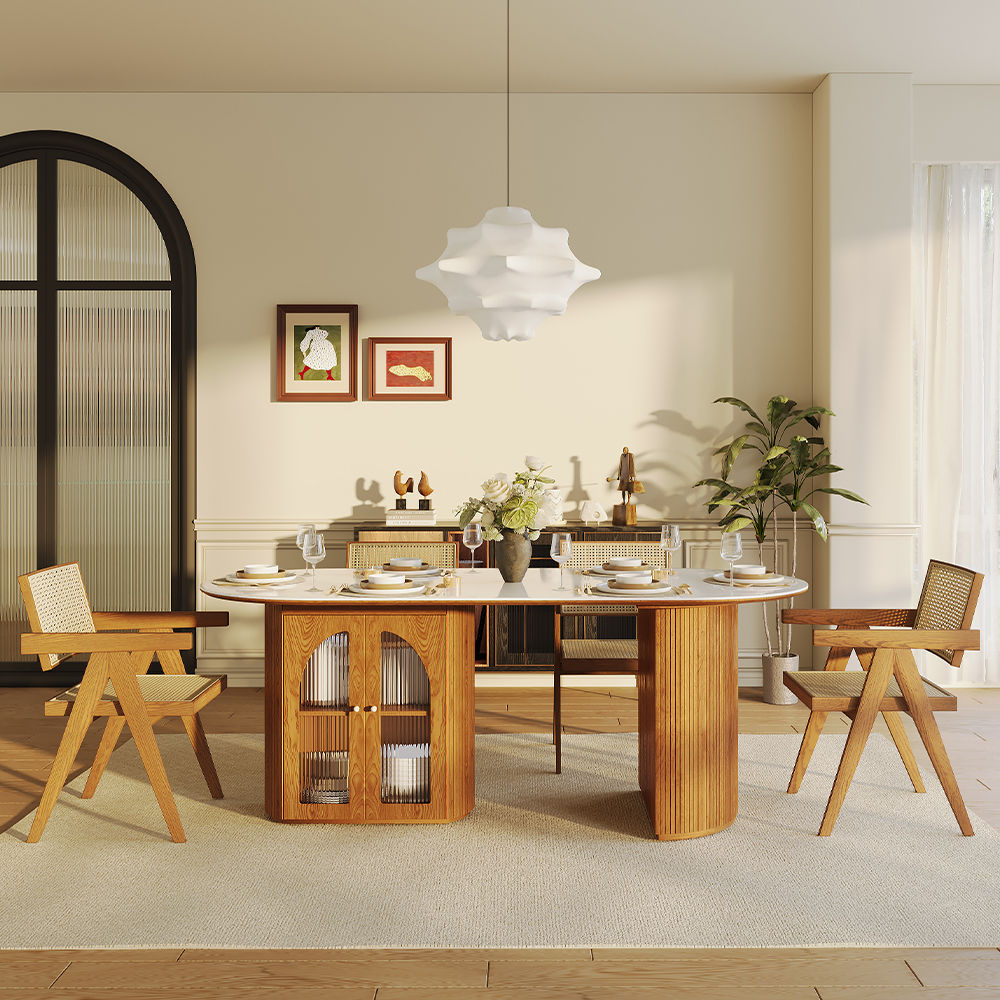 with Storage White & Walnut Glossy Sintered Stone Dining Tables