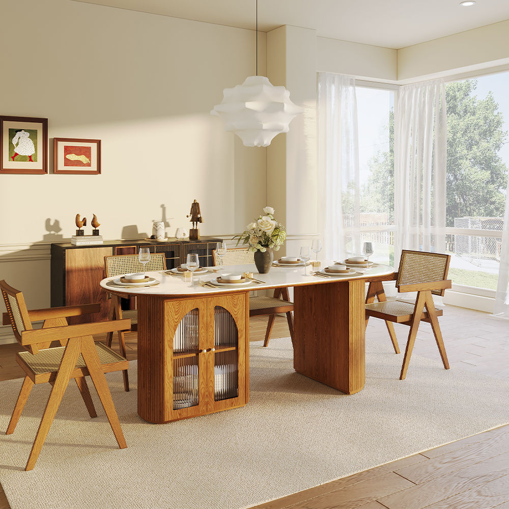 Mid Century Modern White & Walnut Glossy Sintered Stone Dining Tables