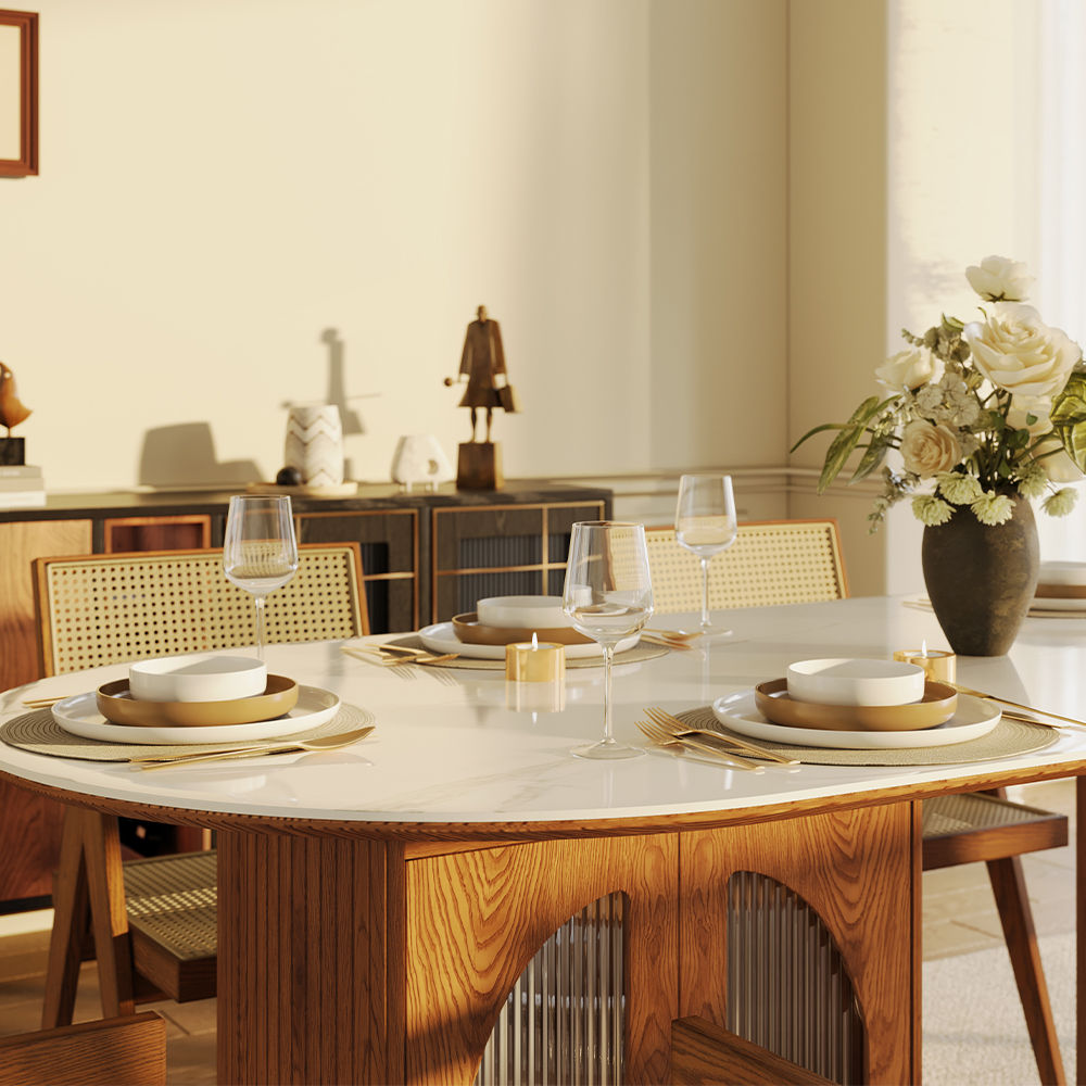 Partly Assemble White & Walnut Glossy Sintered Stone Dining Tables