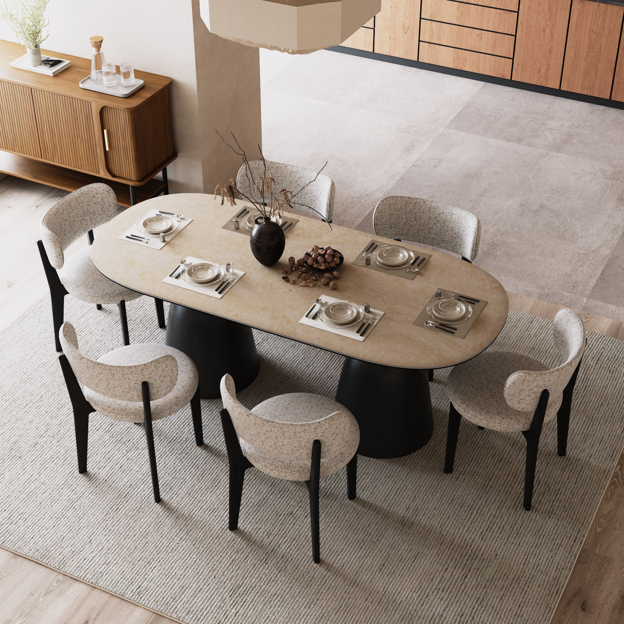 Solid Wood Leg Yellow & Black Matte Sintered Stone Dining Tables