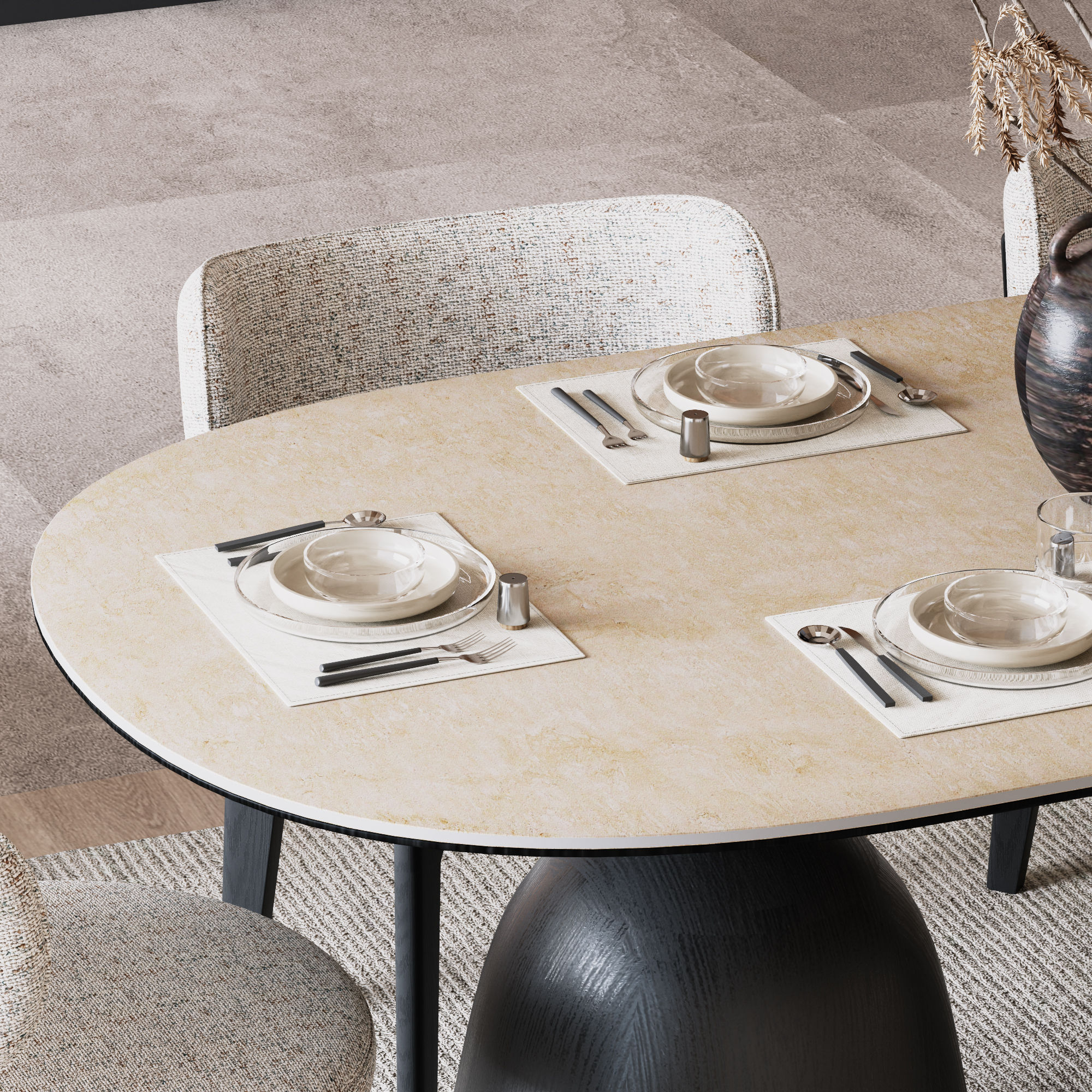 Solid Wood Leg Yellow & Black Matte Sintered Stone Dining Tables