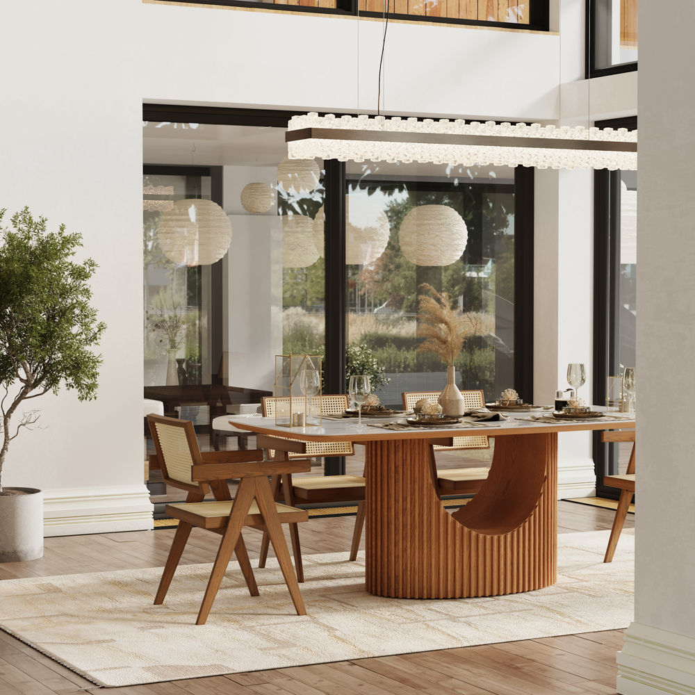 Mid Century Modern White & Walnut Glossy Sintered Stone Dining Tables