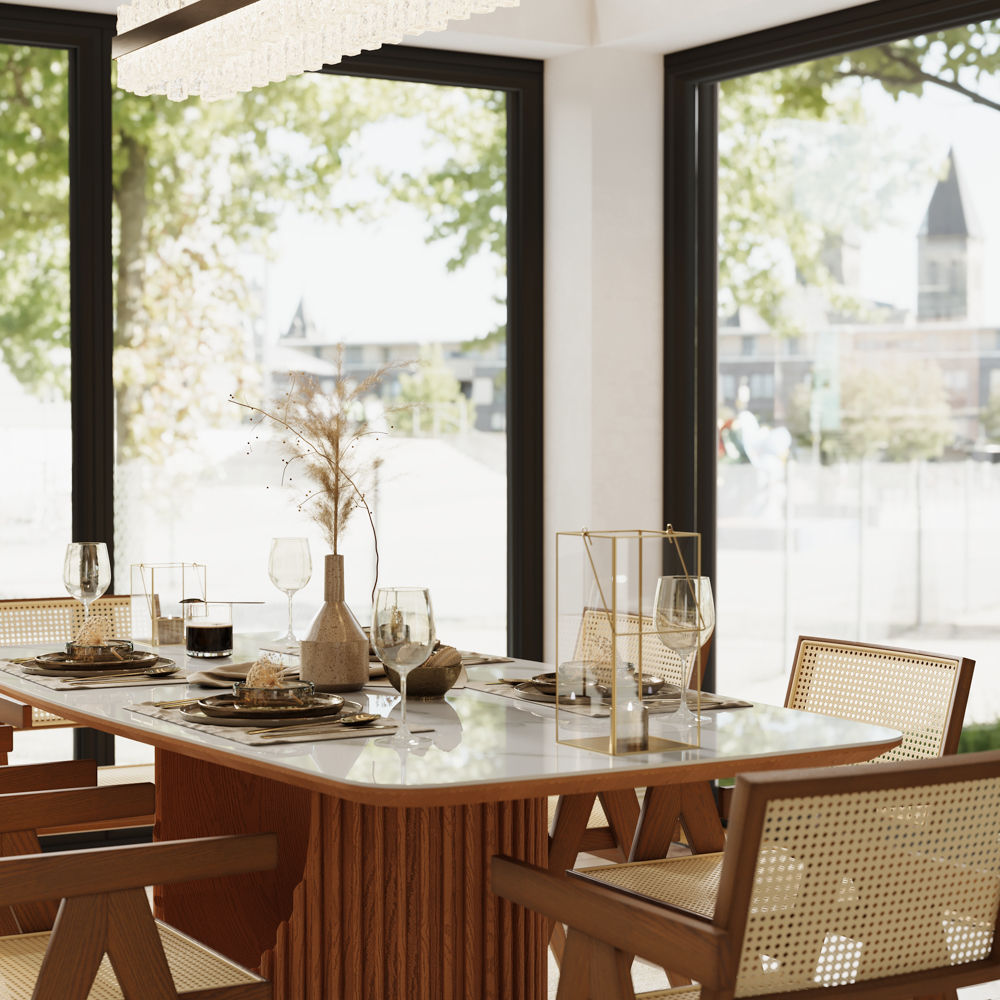 Solid Wood White & Walnut Glossy Sintered Stone Dining Tables