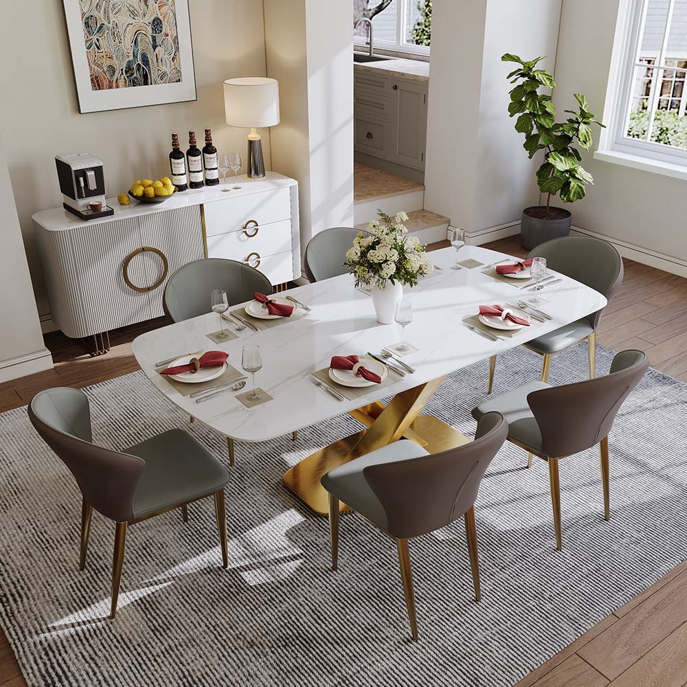 Partly Assemble White & Gold Glossy Sintered Stone Dining Tables