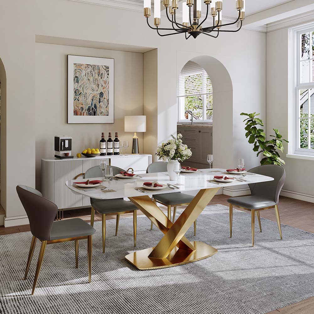 Sintered Stone White & Gold Glossy Sintered Stone Dining Tables