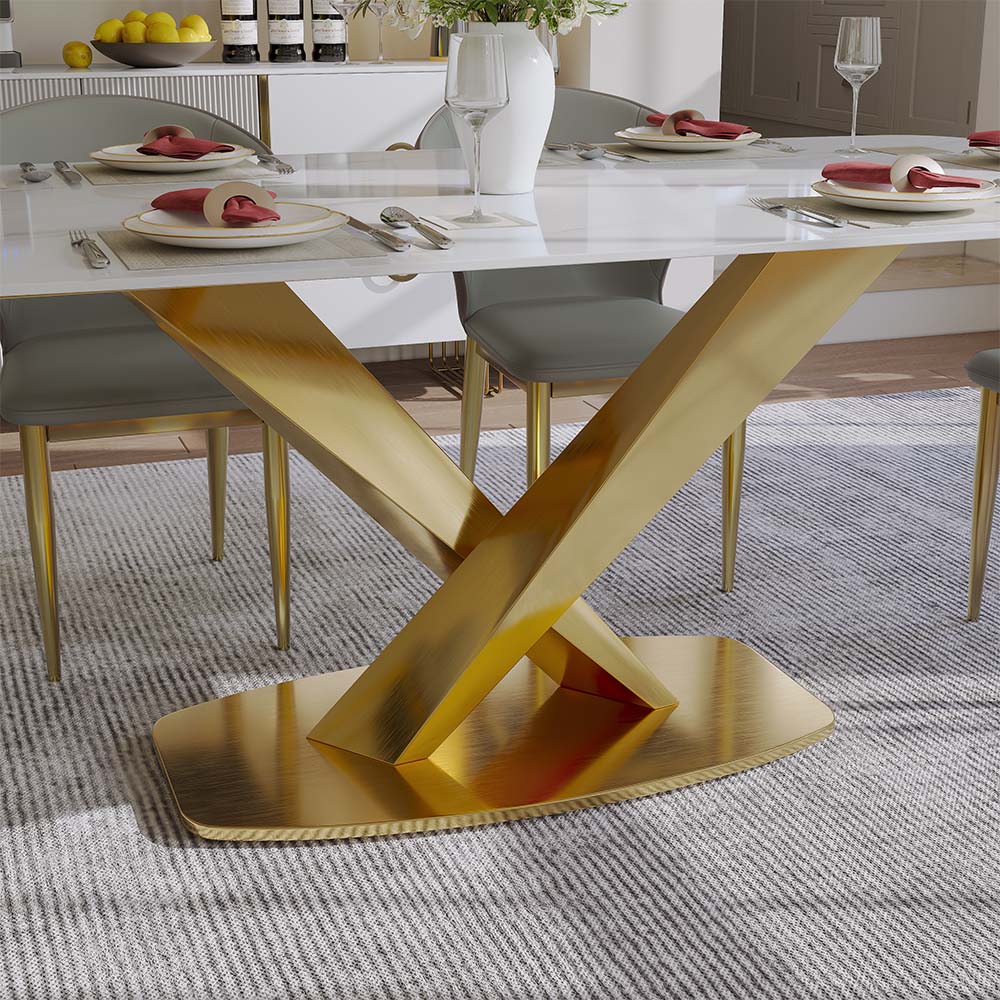 for 6 White & Gold Glossy Sintered Stone Dining Tables