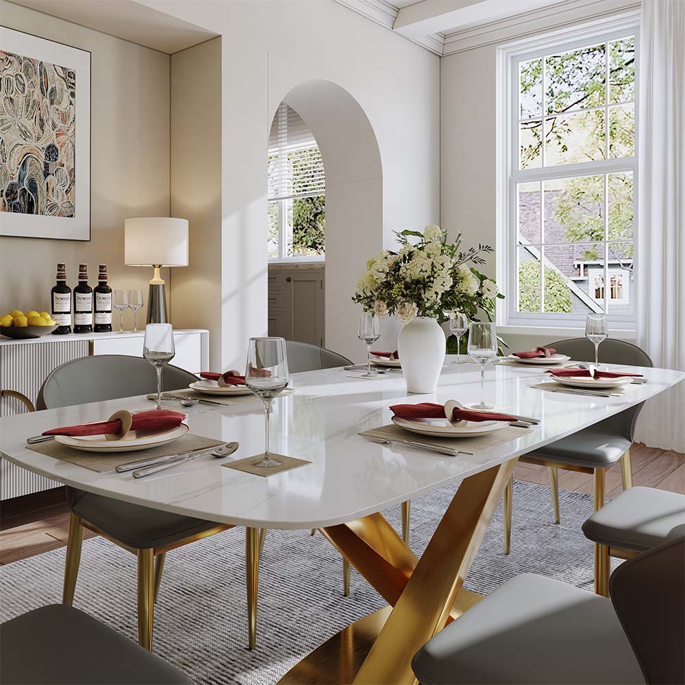 for 6 White & Gold Glossy Sintered Stone Dining Tables