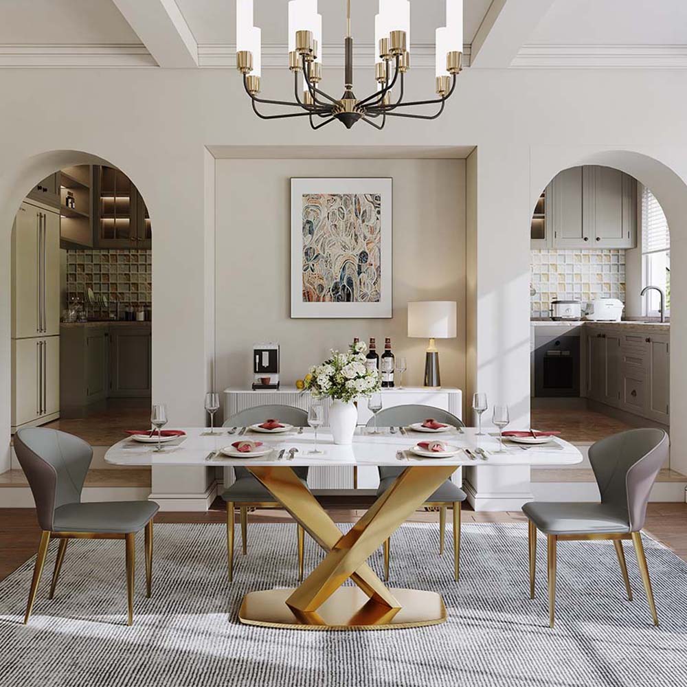 Partly Assemble White & Gold Glossy Sintered Stone Dining Tables