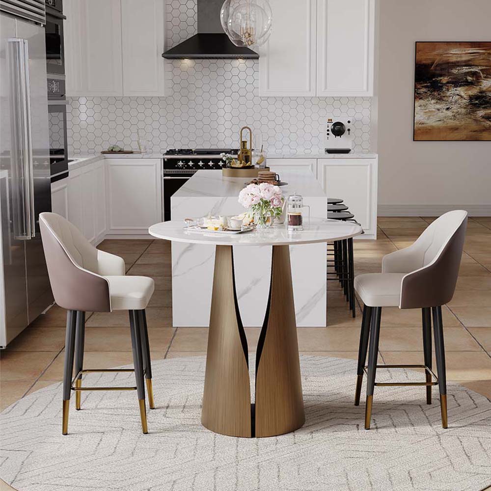 Metal Base White & Bronze Glossy Sintered Stone Dining Tables