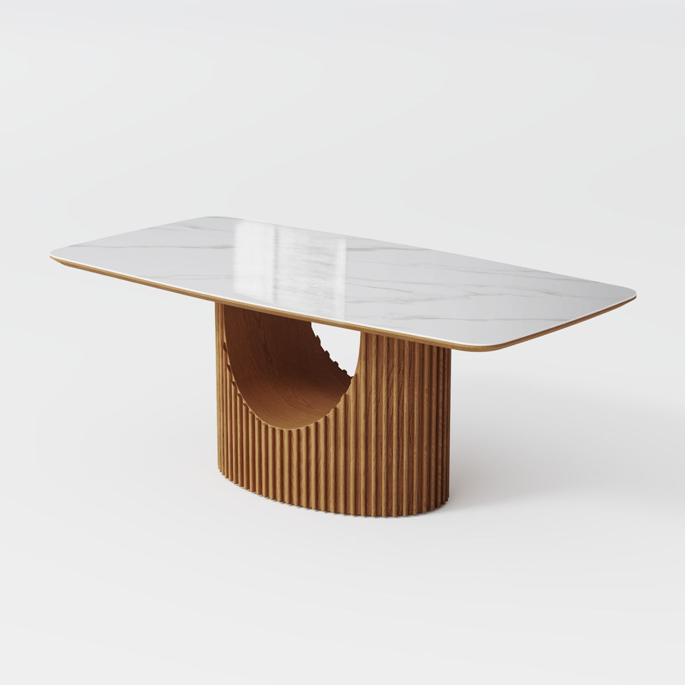 Rectangular White & Walnut Glossy Sintered Stone Dining Tables