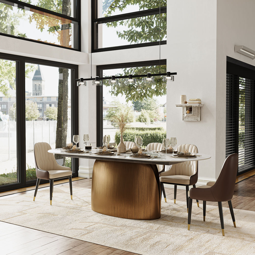 Oval White & Bronze Glossy Sintered Stone Dining Tables