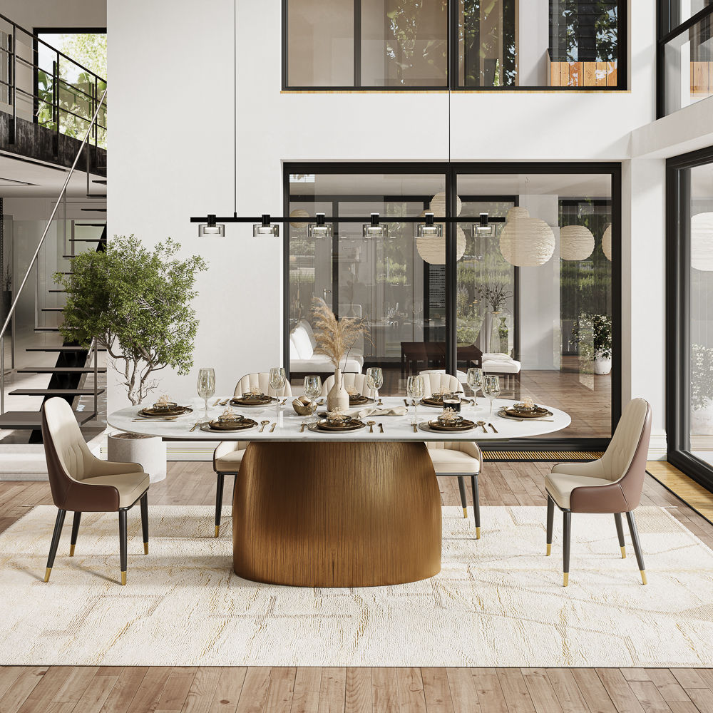 Partly Assemble White & Bronze Glossy Sintered Stone Dining Tables