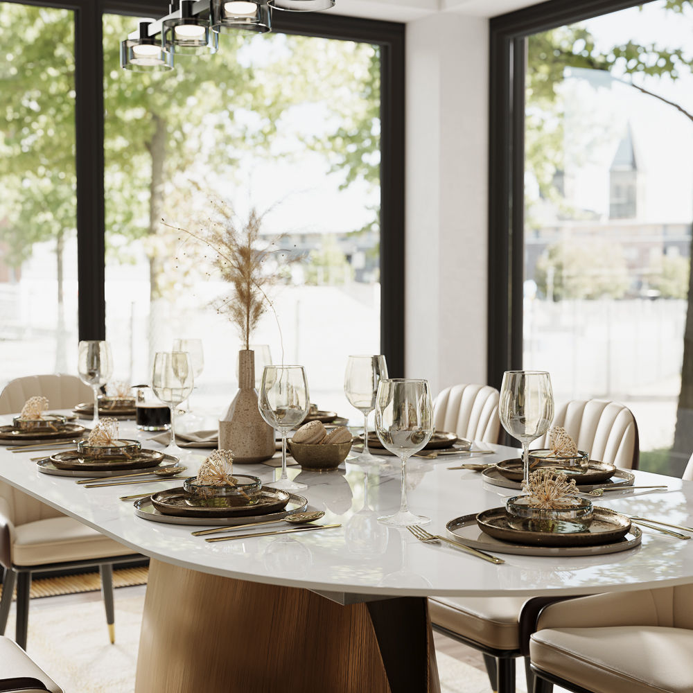 Oval White & Bronze Glossy Sintered Stone Dining Tables