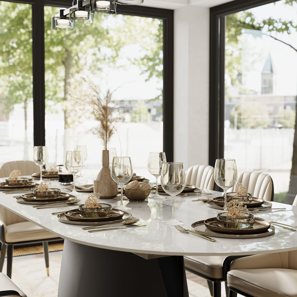 Partly Assemble White & Black Glossy Sintered Stone Dining Tables