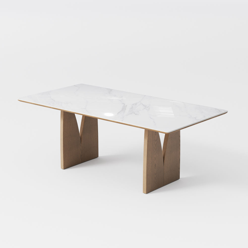 Mid Century Modern Walnut & White Glossy Sintered Stone Dining Tables