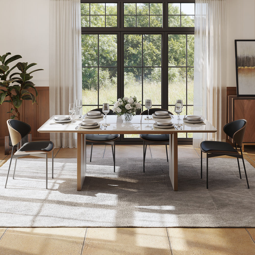 Mid Century Modern Walnut & White Glossy Sintered Stone Dining Tables