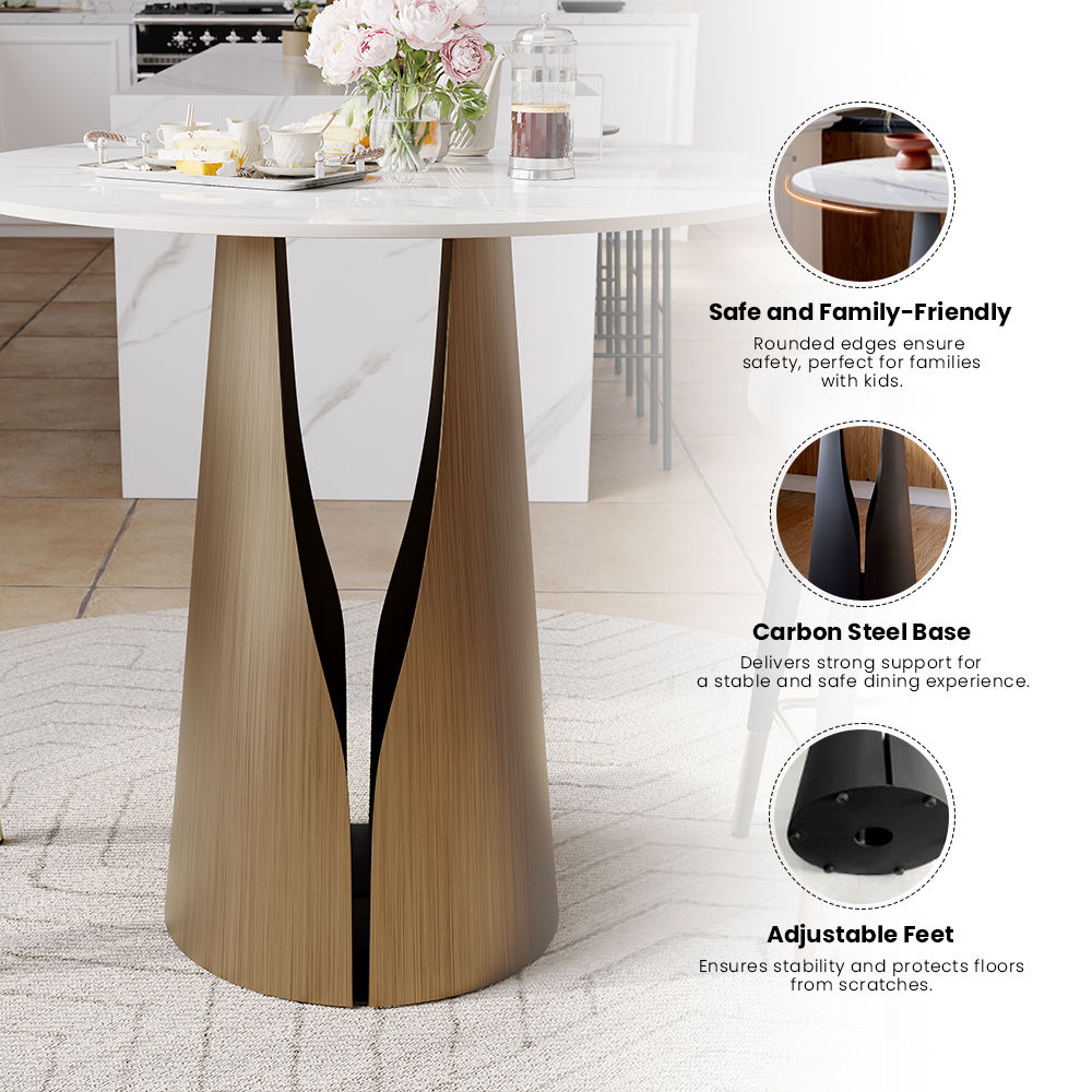 Metal Base White & Bronze Glossy Sintered Stone Dining Tables