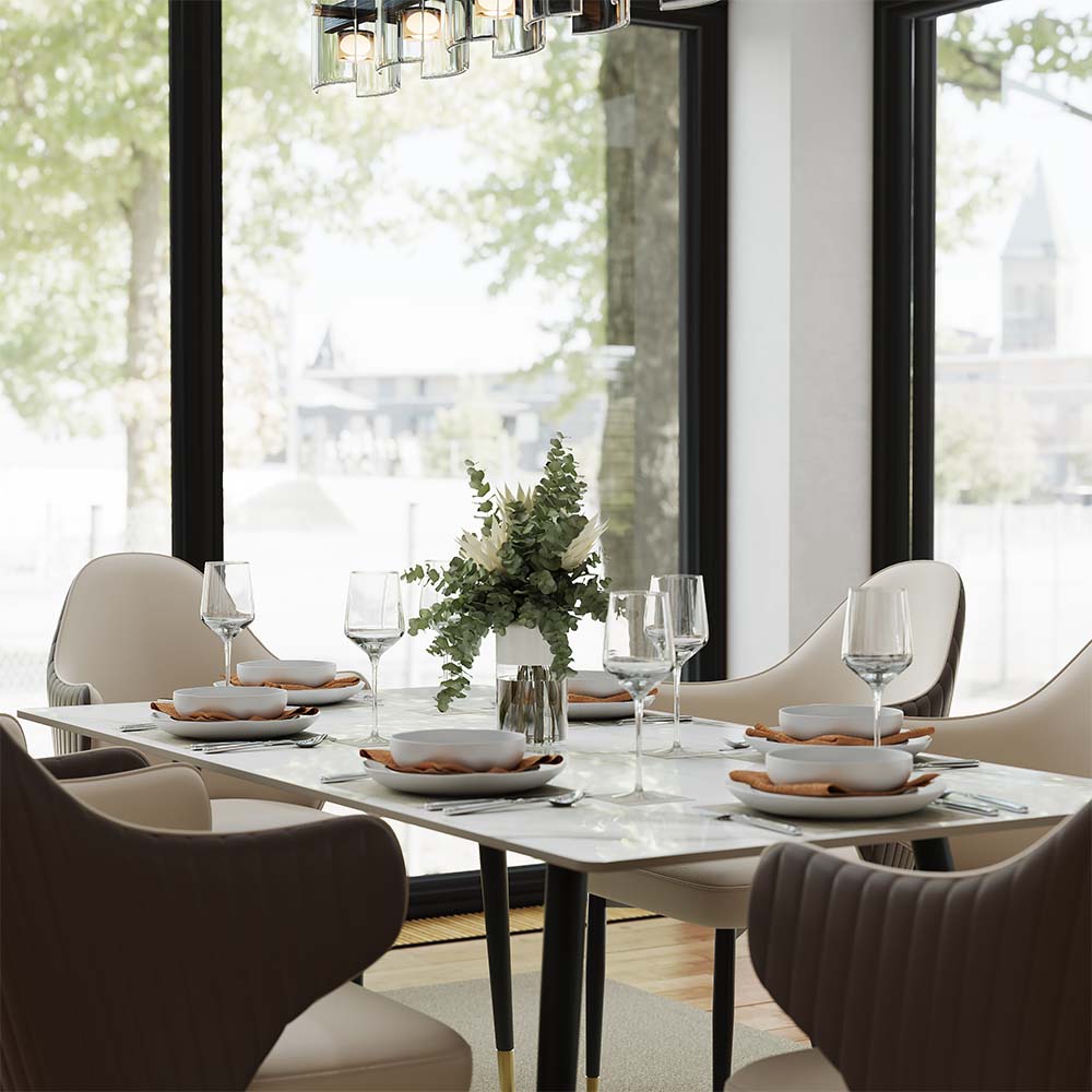 Metal Base White & Black Glossy Sintered Stone Dining Tables