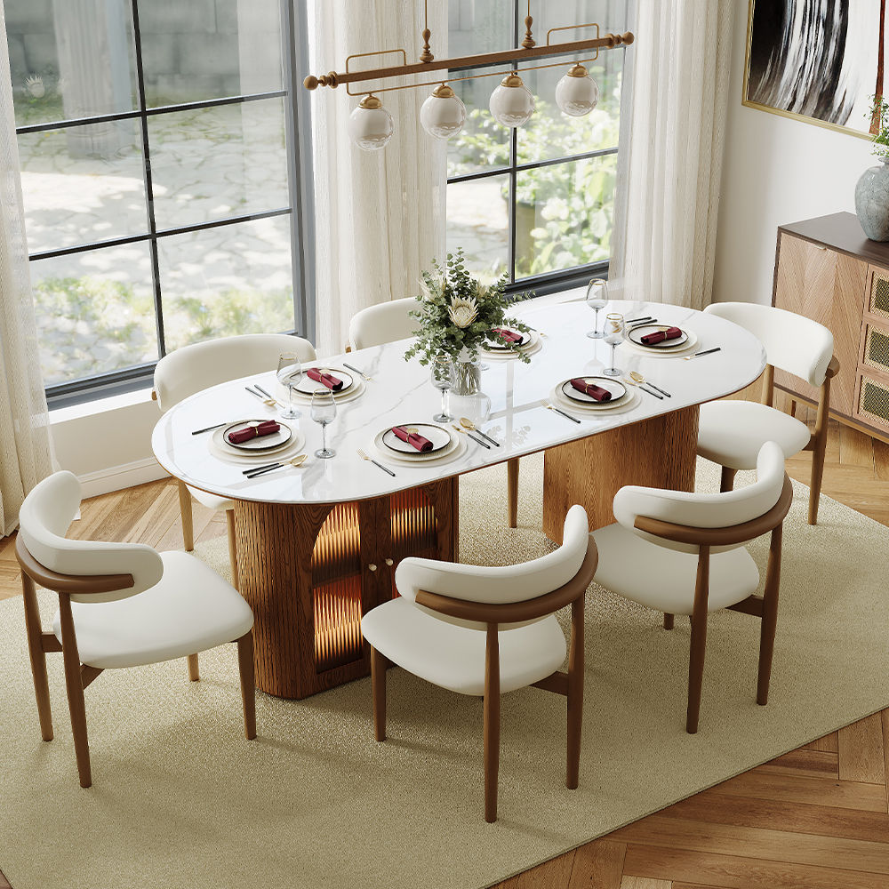 Partly Assemble White & Walnut Glossy Sintered Stone Dining Tables