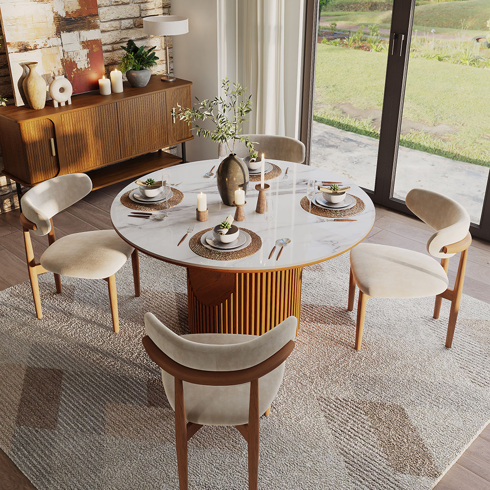 Round Walnut & White Sintered Stone & Plywood Dining Tables