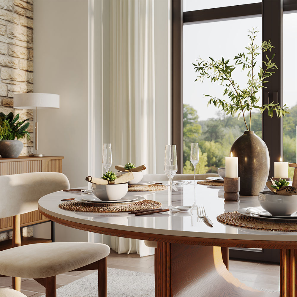 for 6 Walnut & White Sintered Stone & Plywood Dining Tables