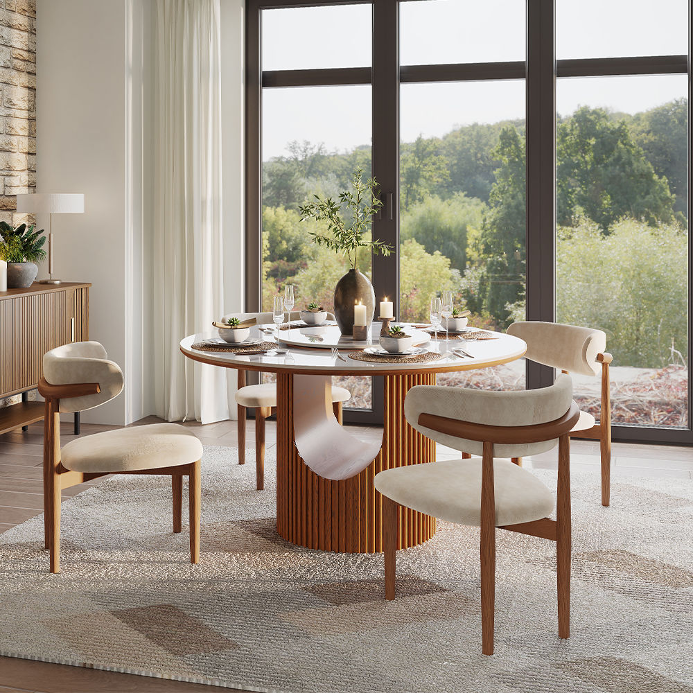 Mid Century Modern Walnut & White Sintered Stone & Plywood Dining Tables