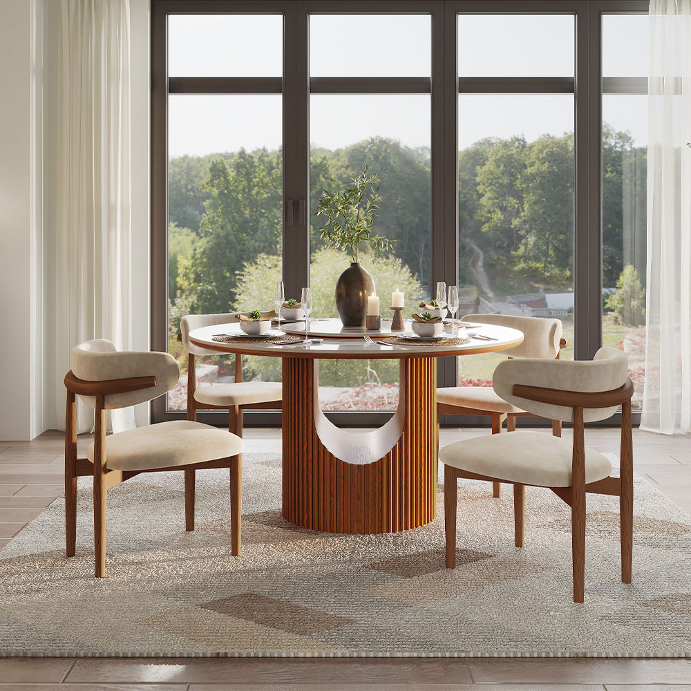 Partly Assemble Walnut & White Sintered Stone & Plywood Dining Tables