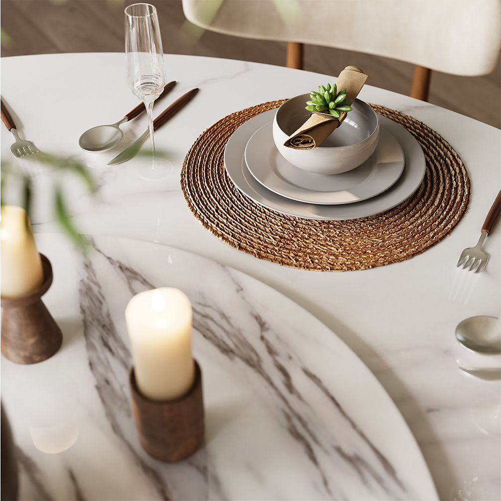 Mid Century Modern Walnut & White Sintered Stone & Plywood Dining Tables