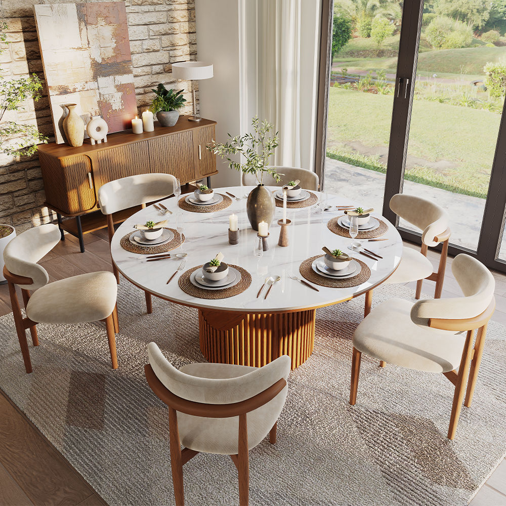 for 6 Walnut & White Sintered Stone & Plywood Dining Tables