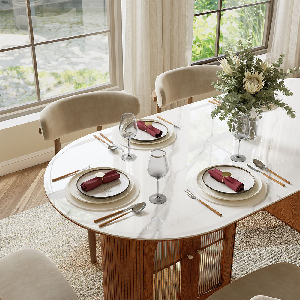 Mid Century Modern White & Walnut Glossy Sintered Stone Dining Tables