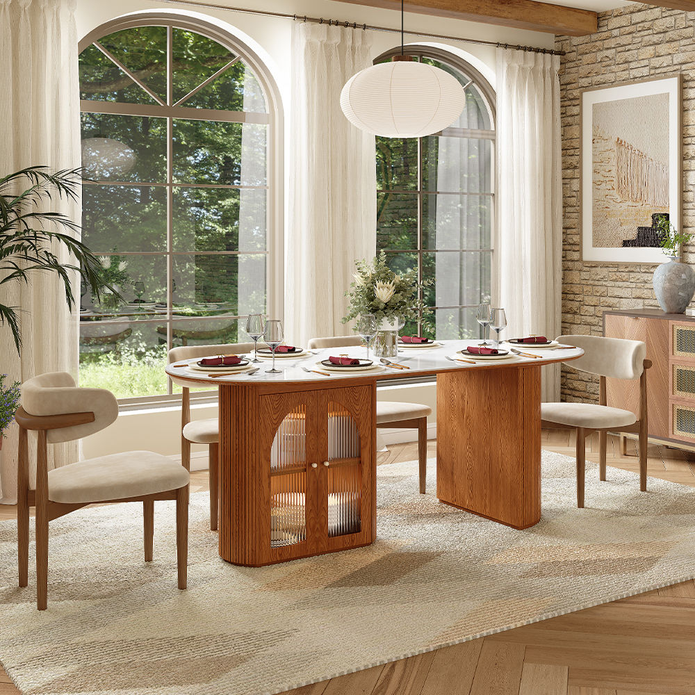 Sintered Stone White & Walnut Glossy Sintered Stone Dining Tables