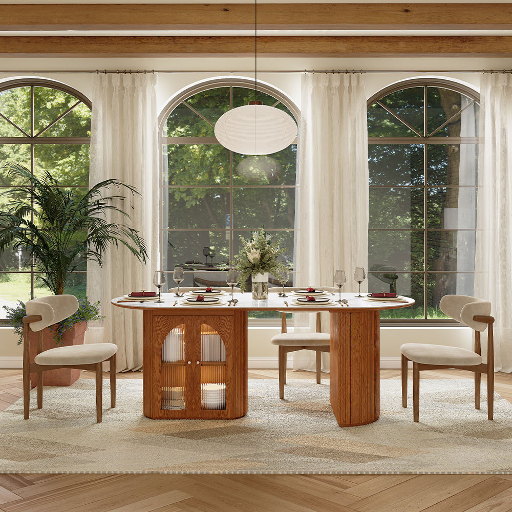 Partly Assemble White & Walnut Glossy Sintered Stone Dining Tables