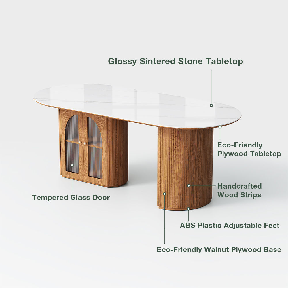 with Storage White & Walnut Glossy Sintered Stone Dining Tables