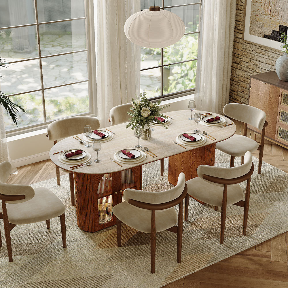 Wood Leg Yellow & Walnut Matte Sintered Stone Dining Tables