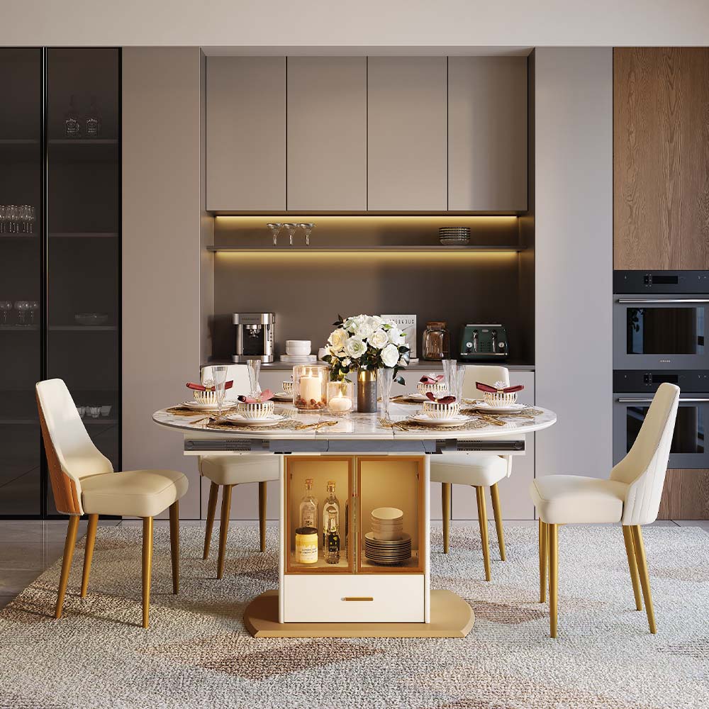 Metal Base Pandora & Gold Glossy Sintered Stone Dining Tables