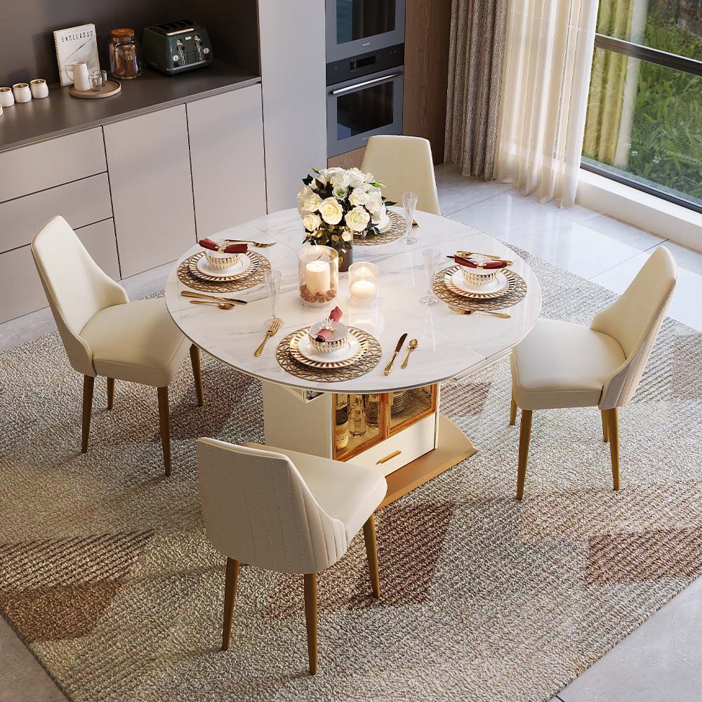 with Light White & Gold Glossy Sintered Stone Dining Tables